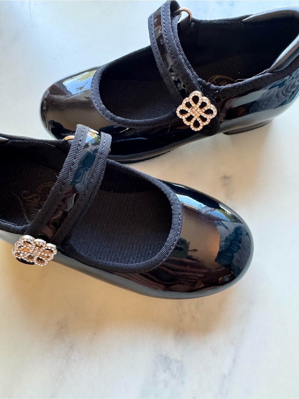 Girls Black Tap Shoes with Rhinestone Flower Buckle